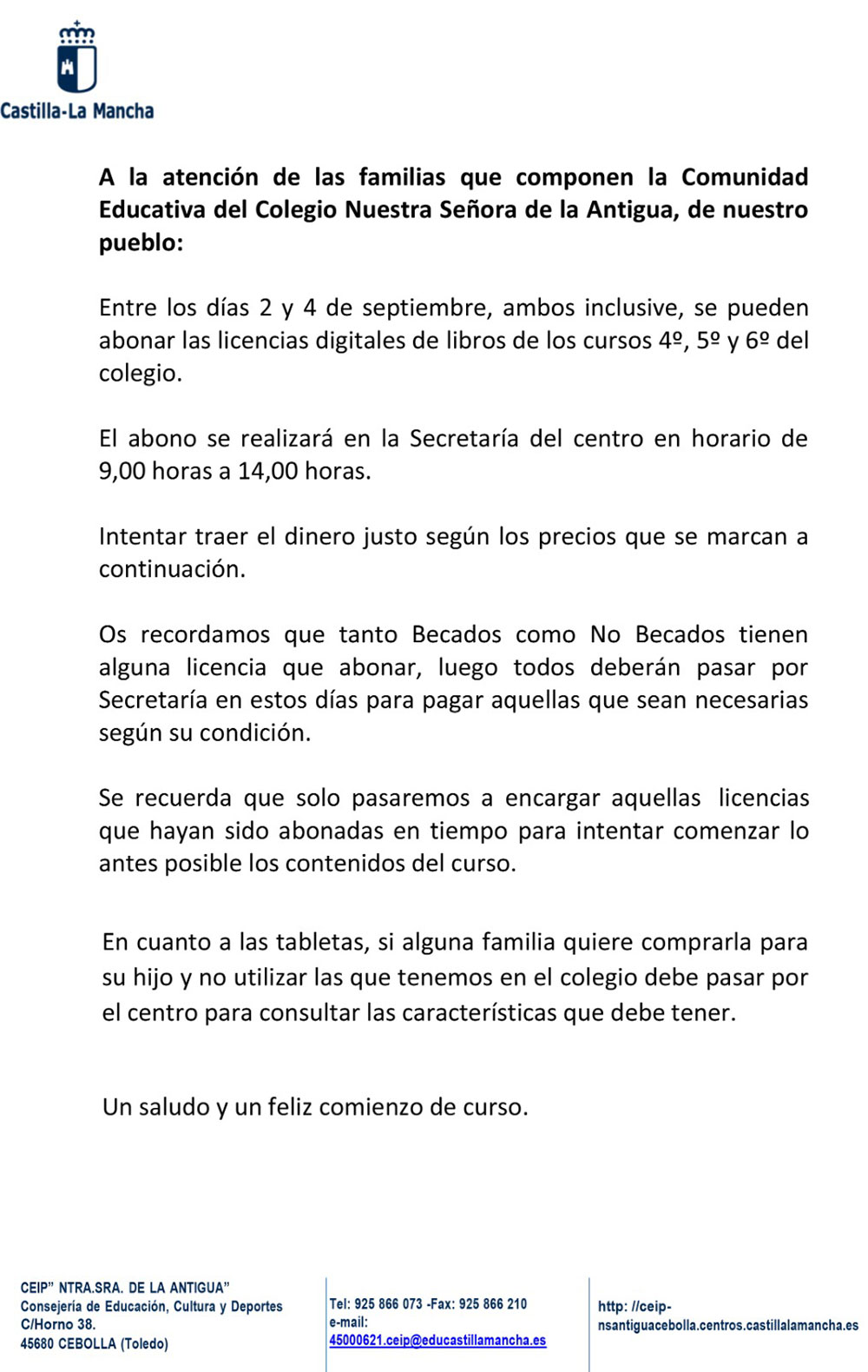 informacion libros beca colegio ntra sra de la antigua cebolla