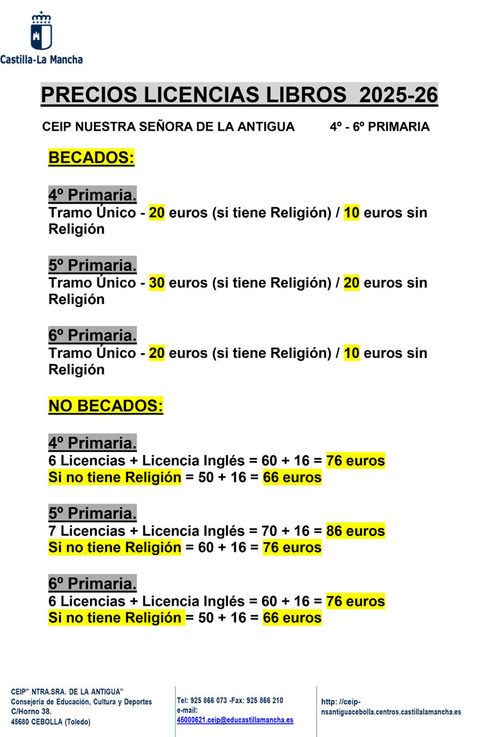 informacion precios libros beca colegio ntra sra de la antigua cebolla