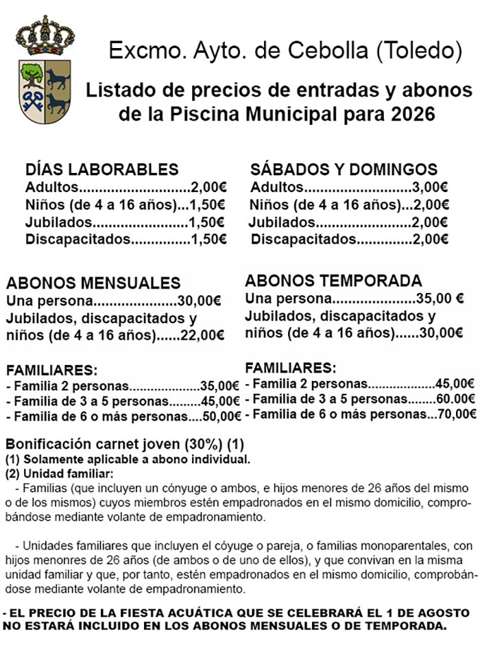 lista de precios piscina verano